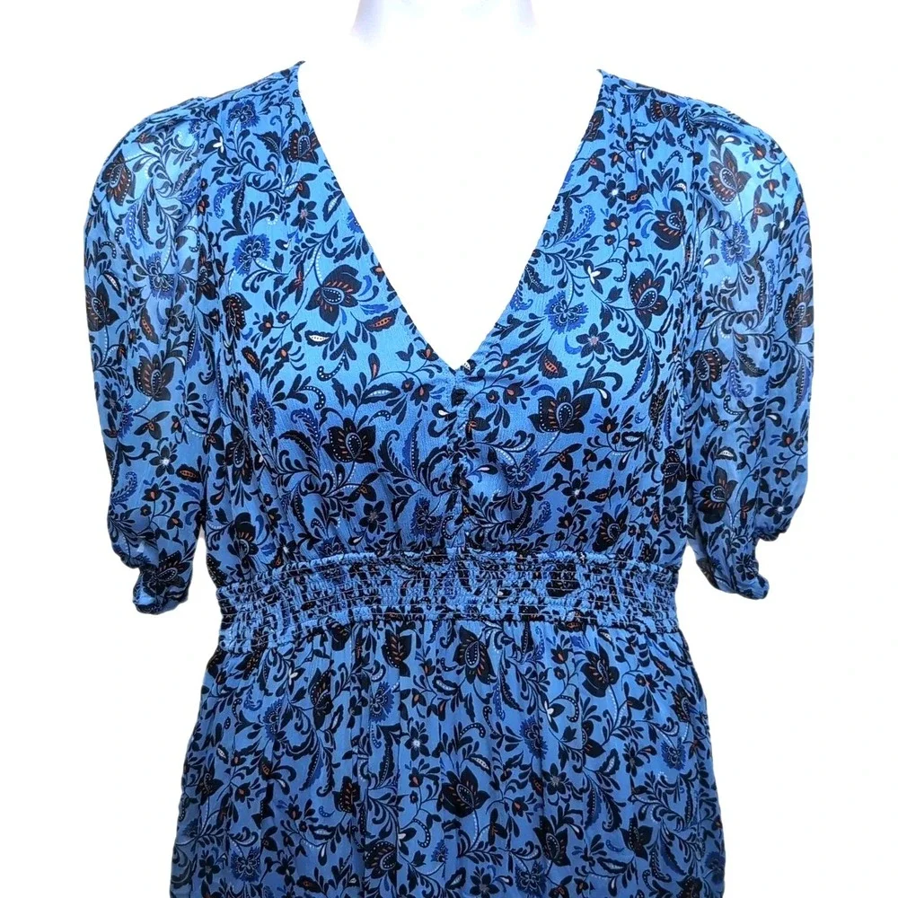Old Navy Smocked Midi Dress Womens L Blue Floral Sheer Short Sleeve Boho Cottage